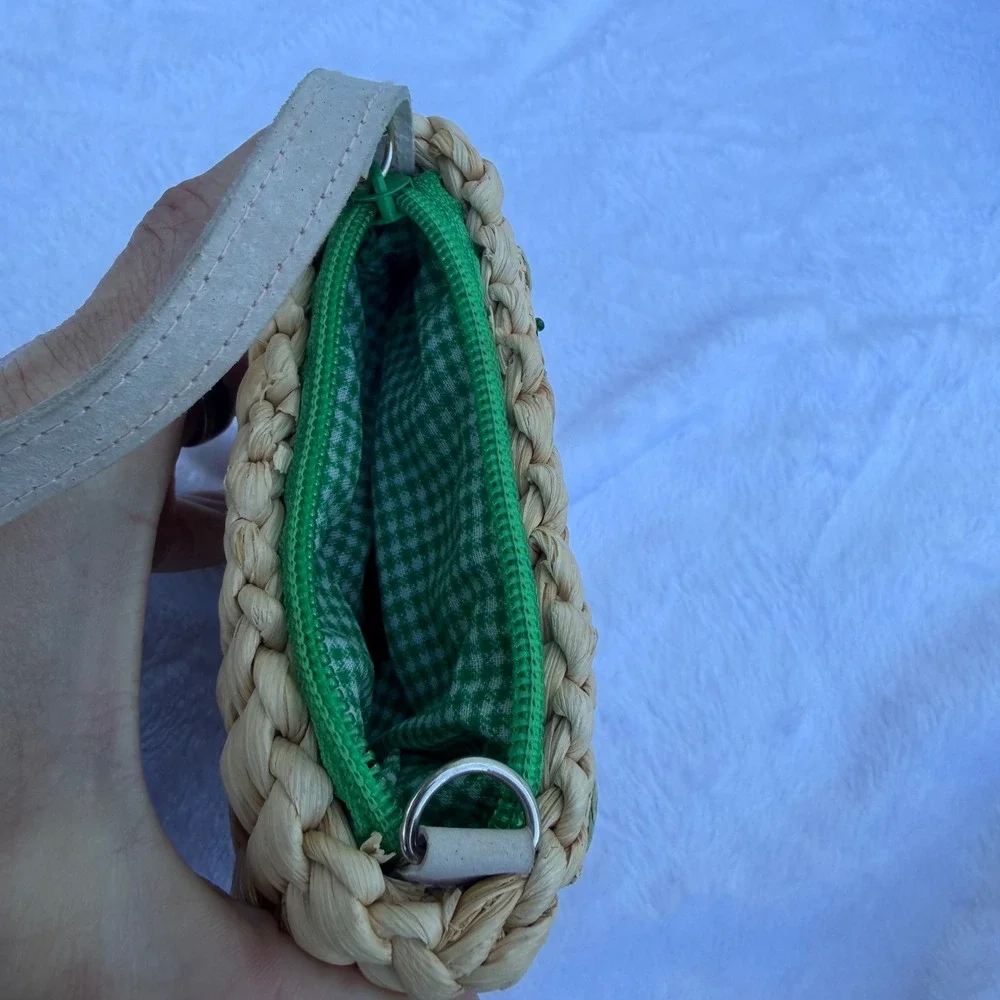 Woven Straw Watermelon Wristlet Bag Sequin Detail Green‎ Gingham Lining Small